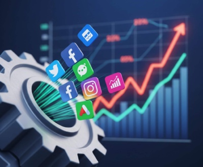 Γρανάζι με εικονίδια Facebook, Instagram, Google Ads και διάγραμμα που δείχνει αύξηση κόστους. Αντιπροσωπεύει την πρόκληση των αυξημένων τιμών στην ψηφιακή διαφήμιση για μικρομεσαίες επιχειρήσεις το 2025.