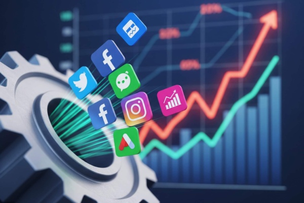 Γρανάζι με εικονίδια Facebook, Instagram, Google Ads και διάγραμμα που δείχνει αύξηση κόστους. Αντιπροσωπεύει την πρόκληση των αυξημένων τιμών στην ψηφιακή διαφήμιση για μικρομεσαίες επιχειρήσεις το 2025.