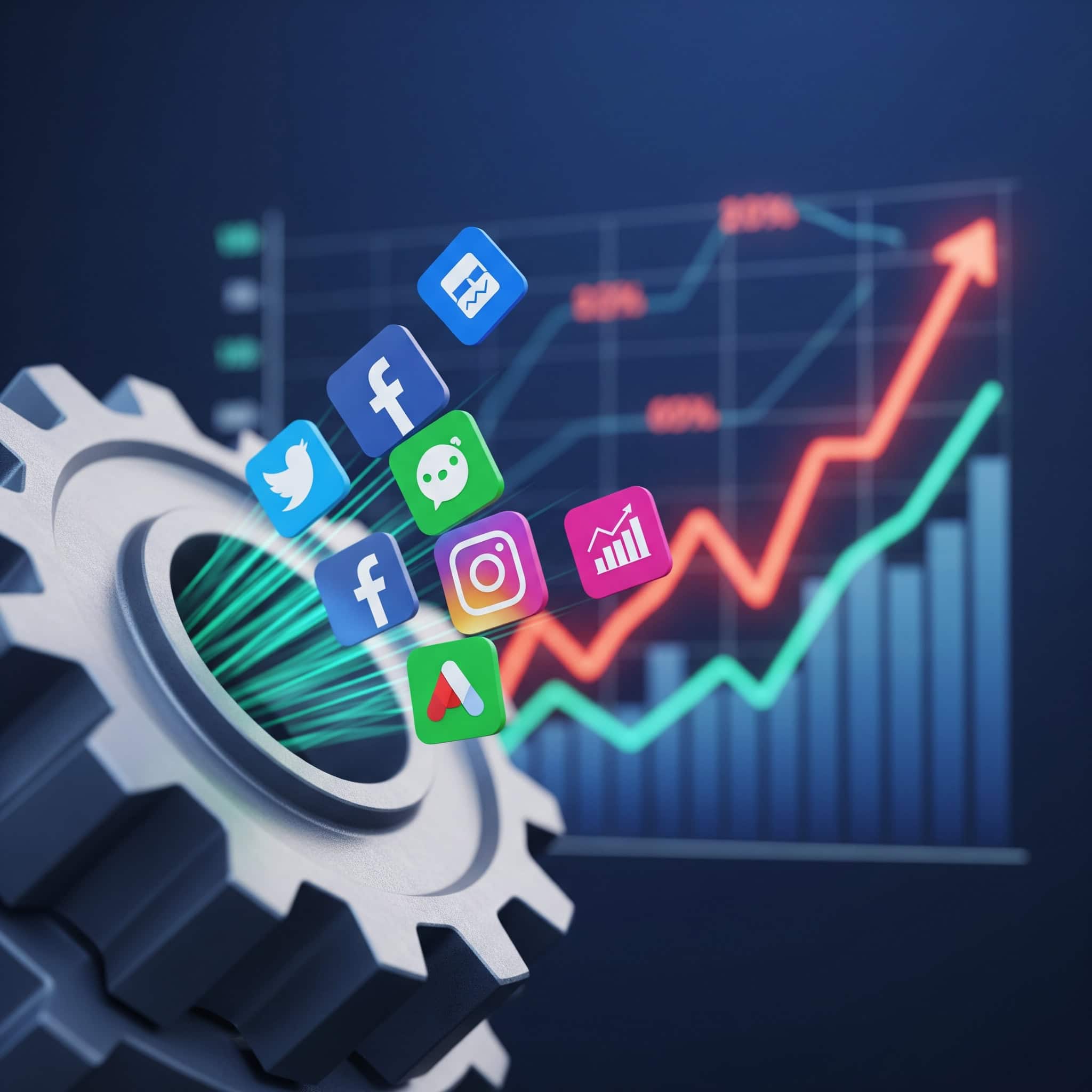 Γρανάζι με εικονίδια Facebook, Instagram, Google Ads και διάγραμμα που δείχνει αύξηση κόστους. Αντιπροσωπεύει την πρόκληση των αυξημένων τιμών στην ψηφιακή διαφήμιση για μικρομεσαίες επιχειρήσεις το 2025.