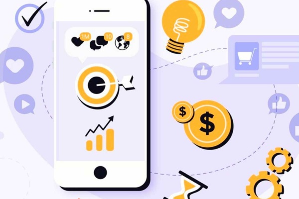 Γραφικό κινητού και σύμβολα που σχετίζονται με τα social media. Συμβολισμός για την ανάπτυξη των μικρών επιχειρήσεων.