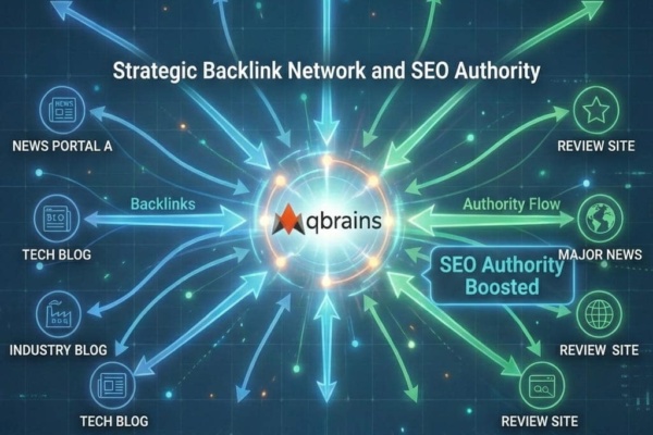 Διαδραστικό γράφημα δικτύου που απεικονίζει την κεντρική ιστοσελίδα (Qbrains) να δέχεται συνδέσμους από ειδησεογραφικά portals και blogs, ενισχύοντας το Authority της.