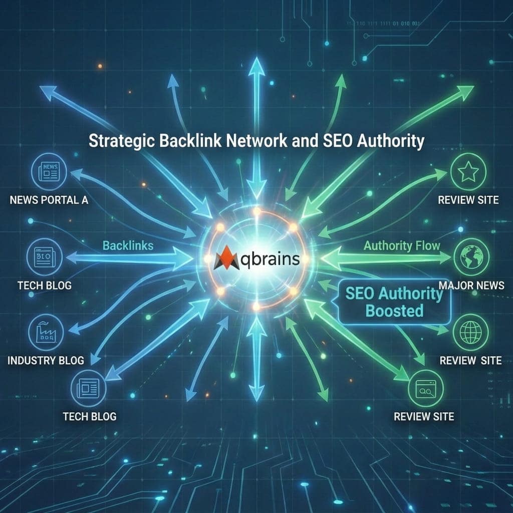 Διαδραστικό γράφημα δικτύου που απεικονίζει την κεντρική ιστοσελίδα (Qbrains) να δέχεται συνδέσμους από ειδησεογραφικά portals και blogs, ενισχύοντας το Authority της.